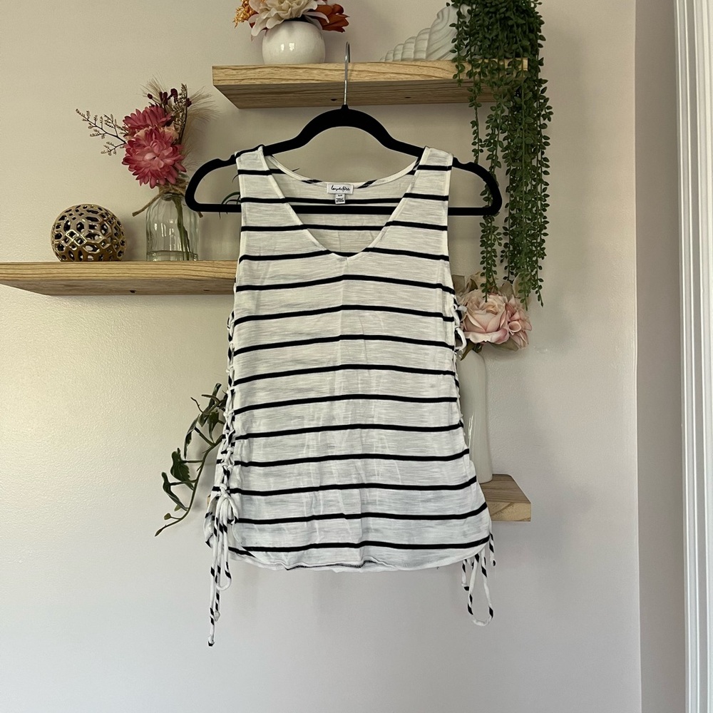 Love fire white and black striped tank top with lace up side detailing